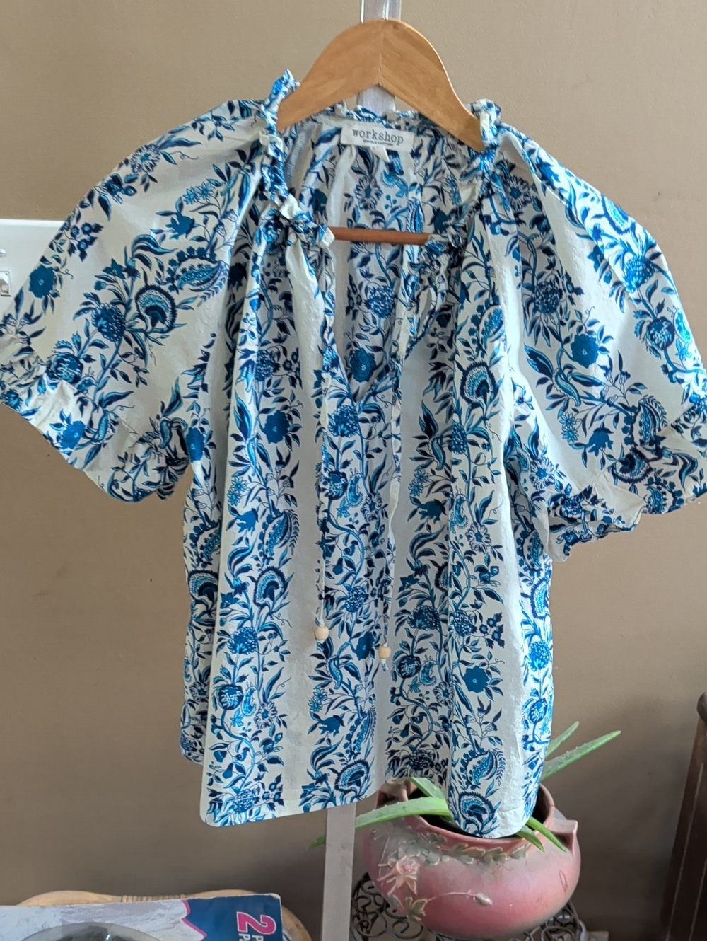 Workshop Republic Clothing White and Blue Floral Peasant Blouse